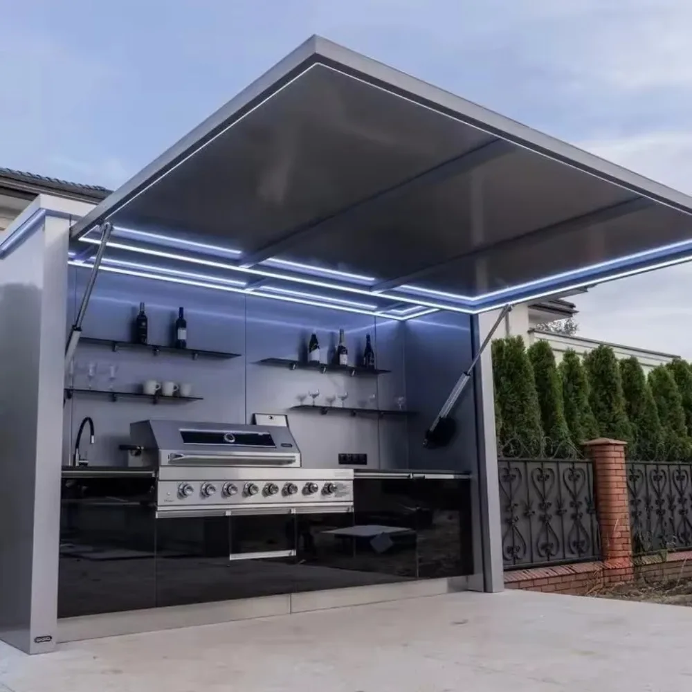 

Commercial Outdoor Kitchen BBQ Grill Cabinet Custom, Modular Gas Cooking Set with Canopy Stainless Steel for Garden Patio Hotel