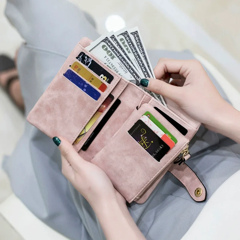 Women's Trifold Short Wallets with Coin Zipper Pocket Frosted Soft Pu Leather Ladies Purses Pink Wallet Id Credti Card Holder
