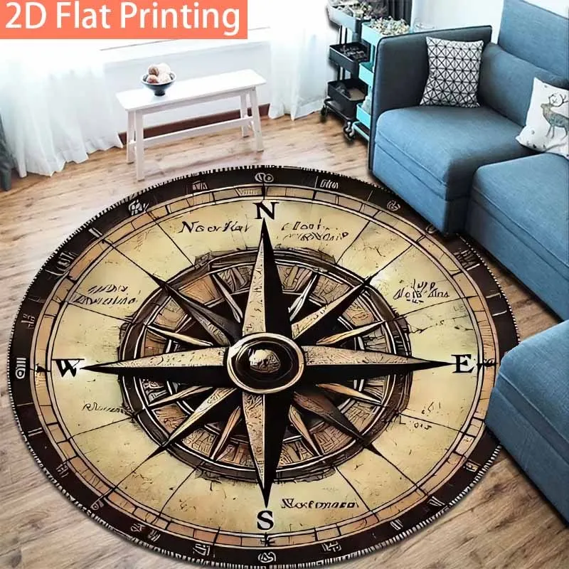 Vintage Nautical Compass Rose Round Rug, Old Parchment Antique Navigation Print Floor Mat for Sofa Bedroom Yacht Room Indoor