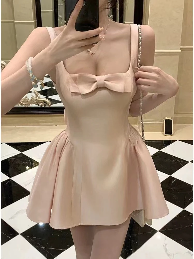 여름 프랑스 우아한 미니 드레스 여성 스위트 보우 새틴 스트랩리스 A라인 드레스 섹시 백리스 이브닝 파티 원피스 드레스 신상