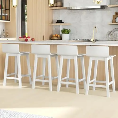 Solid Wood Bar Stools Set of 4, 24.5' Counter Height, Farmhouse White Kitchen Chairs