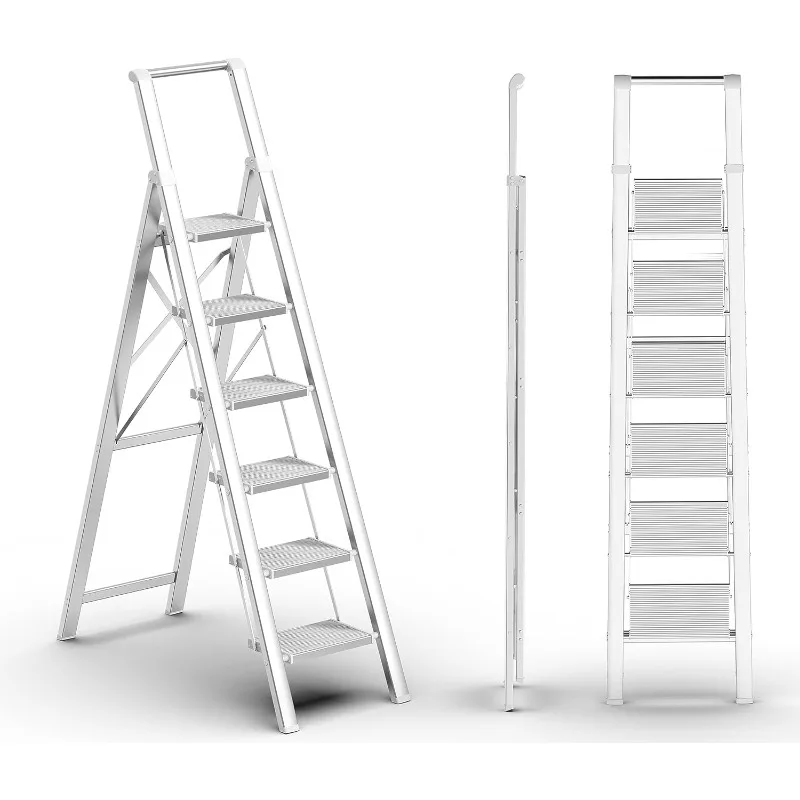 6 Step Ladder, Folding Step Stool with Handgrip and Anti-Slip Wide Pedal, Portable Lightweight Aluminum Stepladder