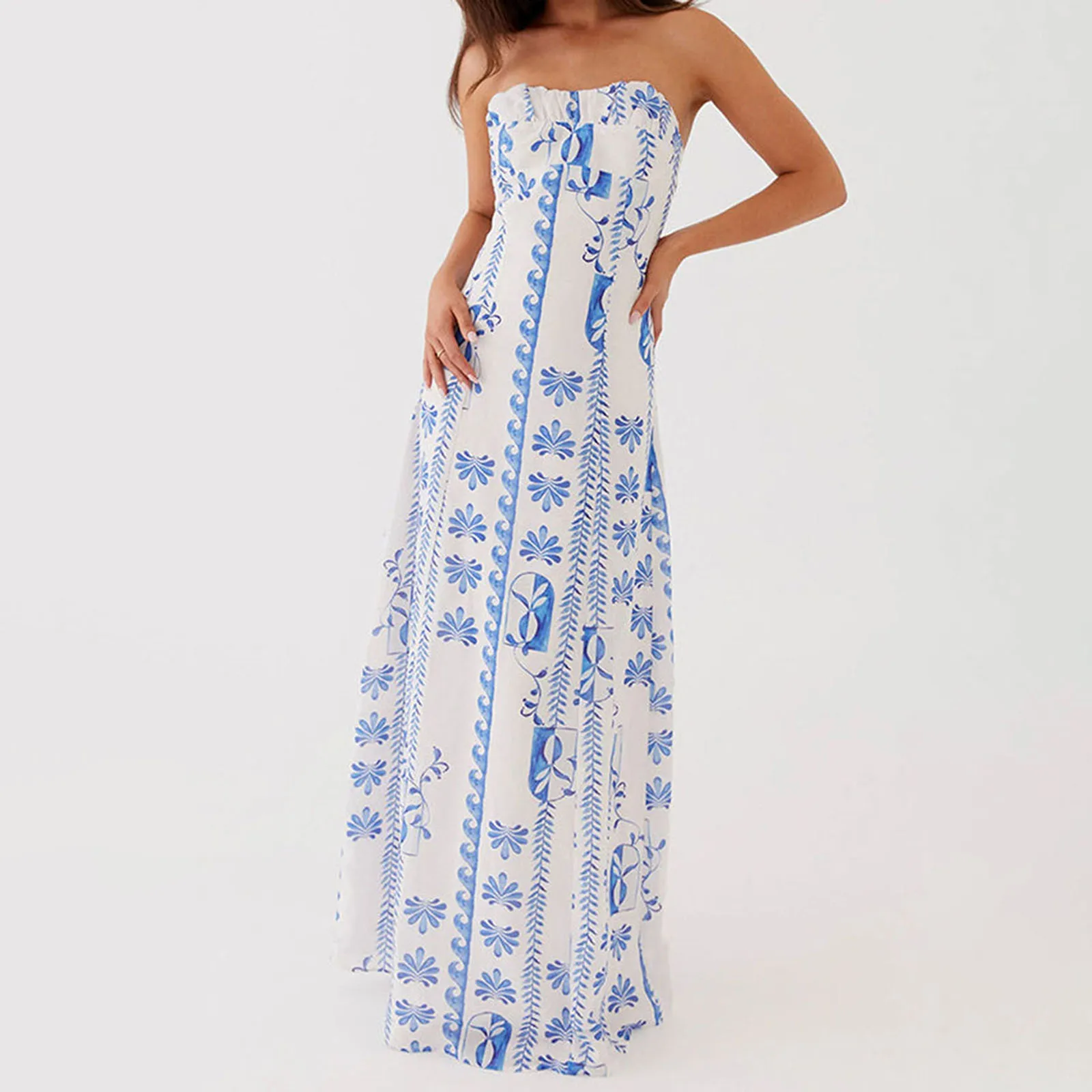 Boho-Damen-Bandeau-langes Kleid, ästhetisches Blumen-/einfarbiges, schulterfreies, ärmelloses A-Linien-Abendkleid mit Rüschen für Strand, Party, Club