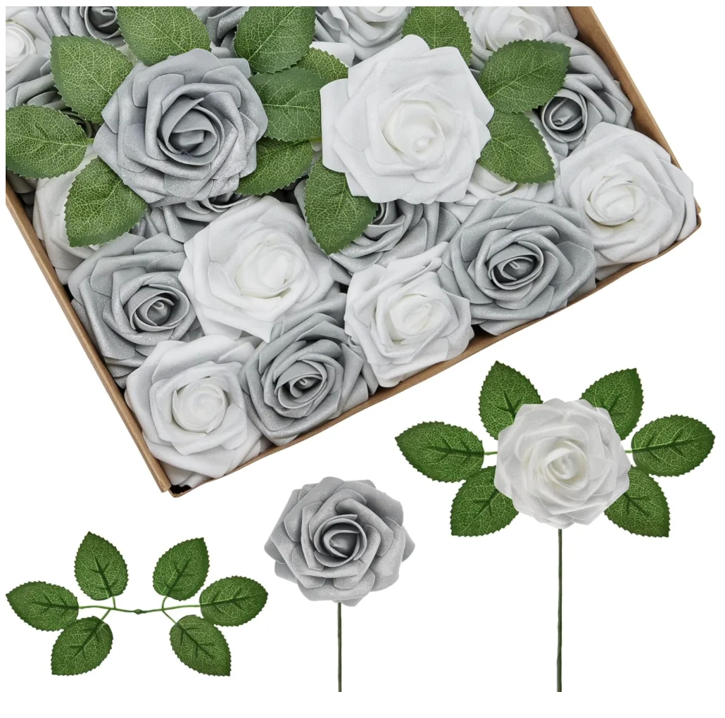 Artificial Roses Foam Flowers, 50 Pcs Shimmer Silver Grey Roses Artificial Flowers Fake Roses for Decoration DIY Wedding