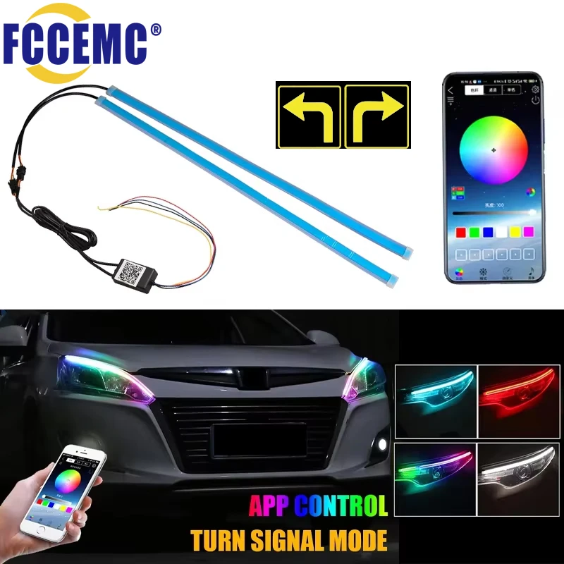 App Control DRL Car Daytime Running Light With Turn Signal RGB Scan Start Flexible Symphony Flowing LED Headlight Strip 12V