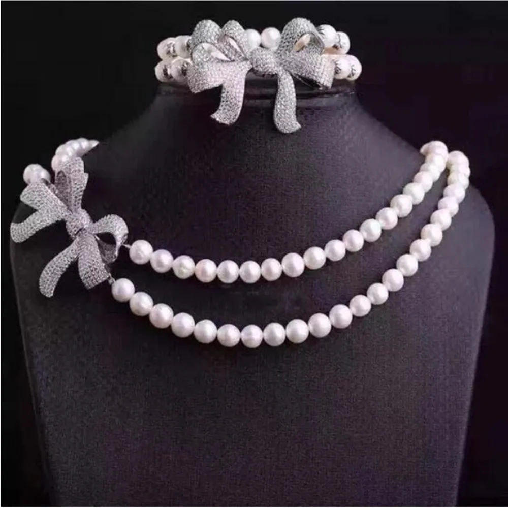 Hand knotted 2rows 8-9mm white freshwater pearl necklace 17-18inch bracelet 8inch zircon micro inlay bowknot set fashion jewelry