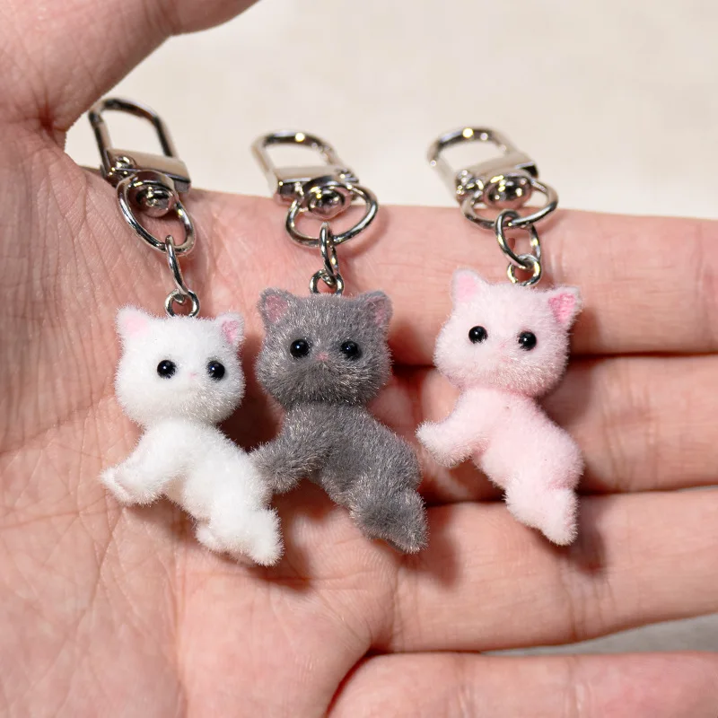 Flocked Pink White Kitty Cat Kawaii Cute Keychain Key Ring Figure Collect Model Backpack Pendant Mini Toy Gift for Kid Boy Girl