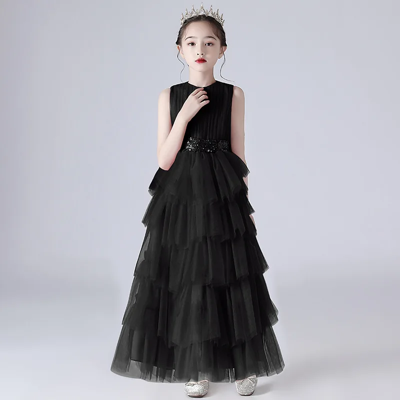 Children Girls Formal Dress Host Princess Gown Clothes Kids Piano Performance Black Evening Gown Birthday Party Banquet Outfit