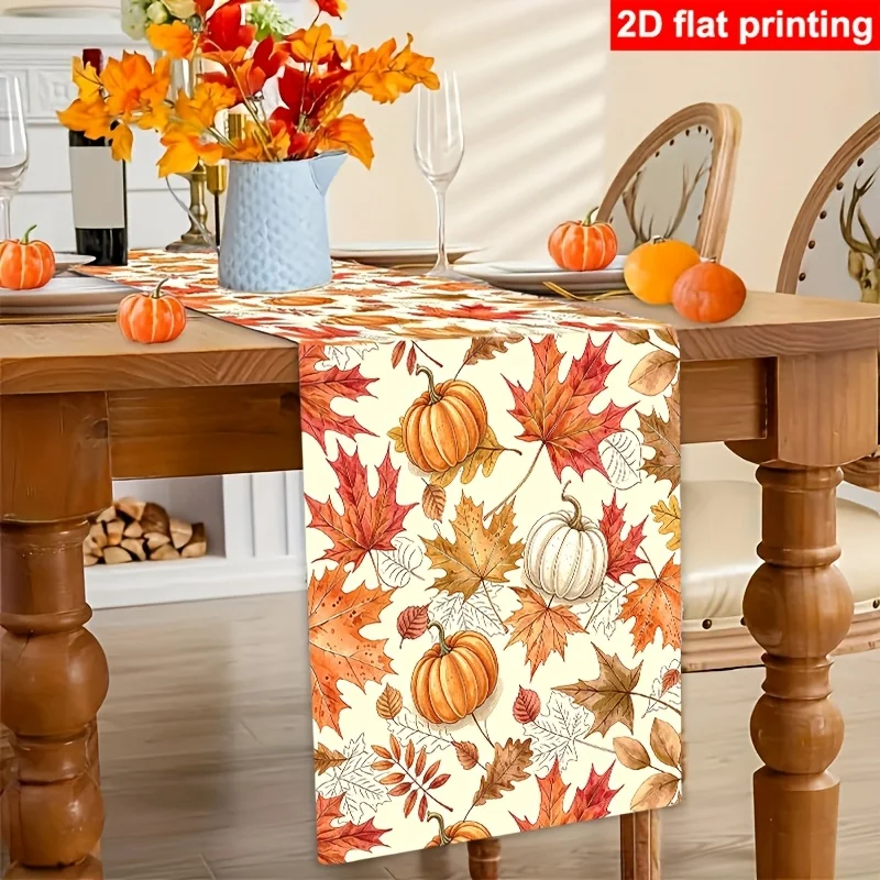 1pc 2D Flat Printed Autumn Orange And White Pumpkin Maple Leaf Table Runner, Thanksgiving Harvest Season American Vintage Long T