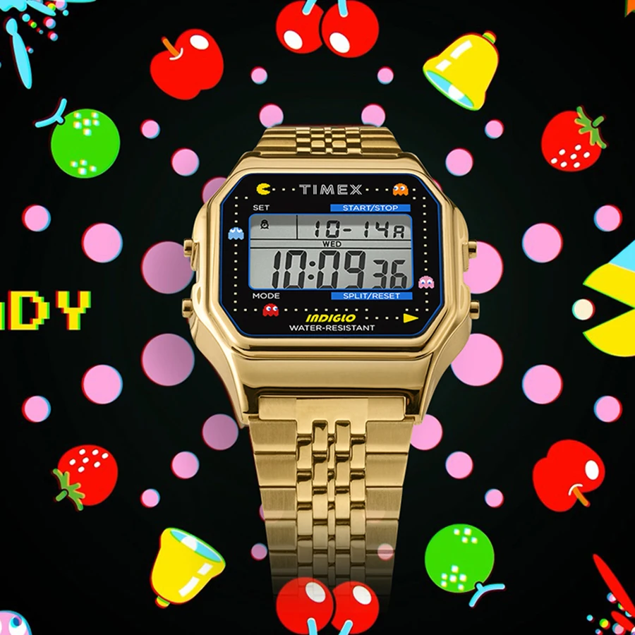 T80 x PAC-MAN Unisex Classic Digital Watch Grey Dial Vintage Sport 34mm Watch Gift for Men,Golden TW2U32000