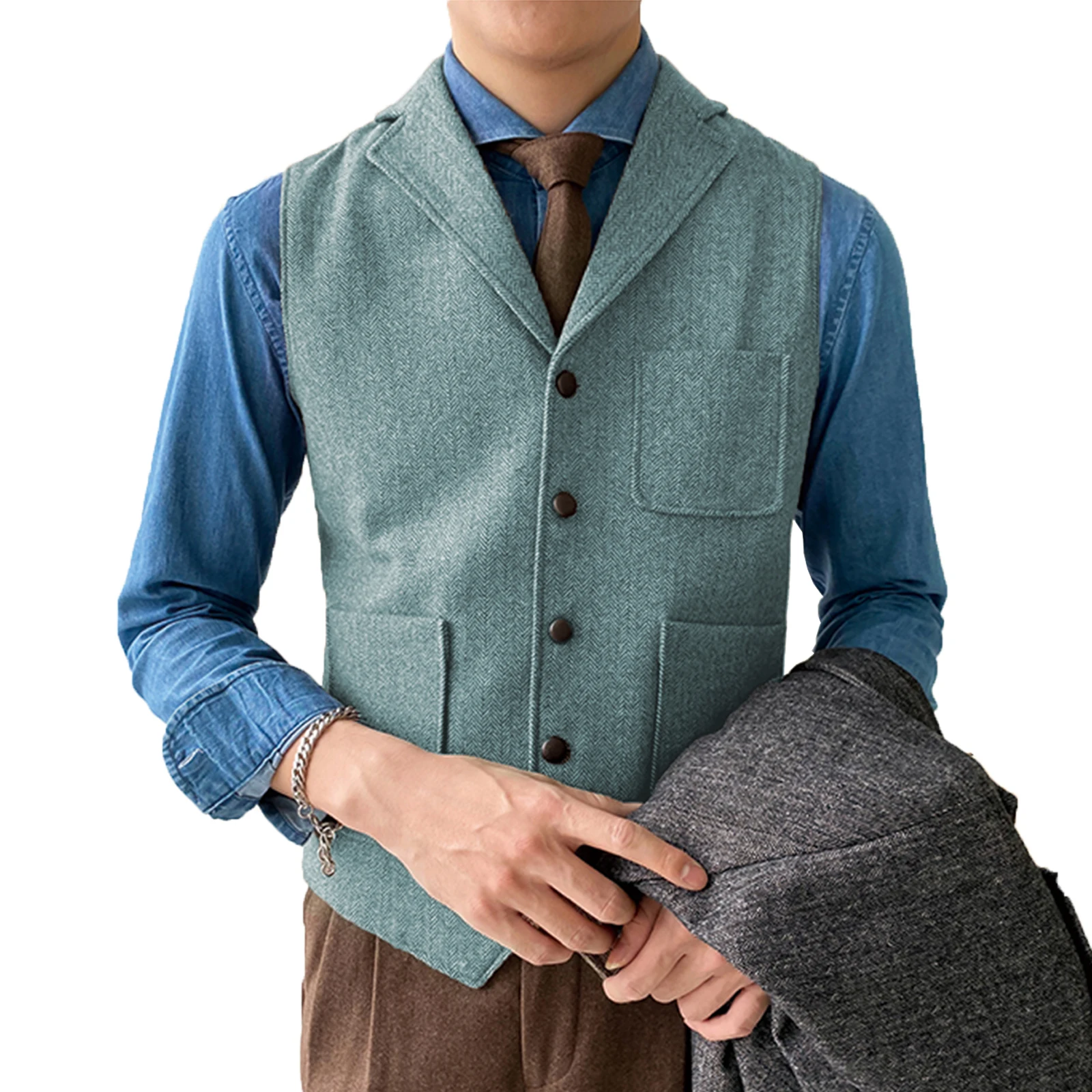 V Neck Men\'s Suit Vest Herringbone Tweed Waistcoat Notch Lapel With 3 Pockets Business Formal Waistcoat  Groomsmen For Wedding