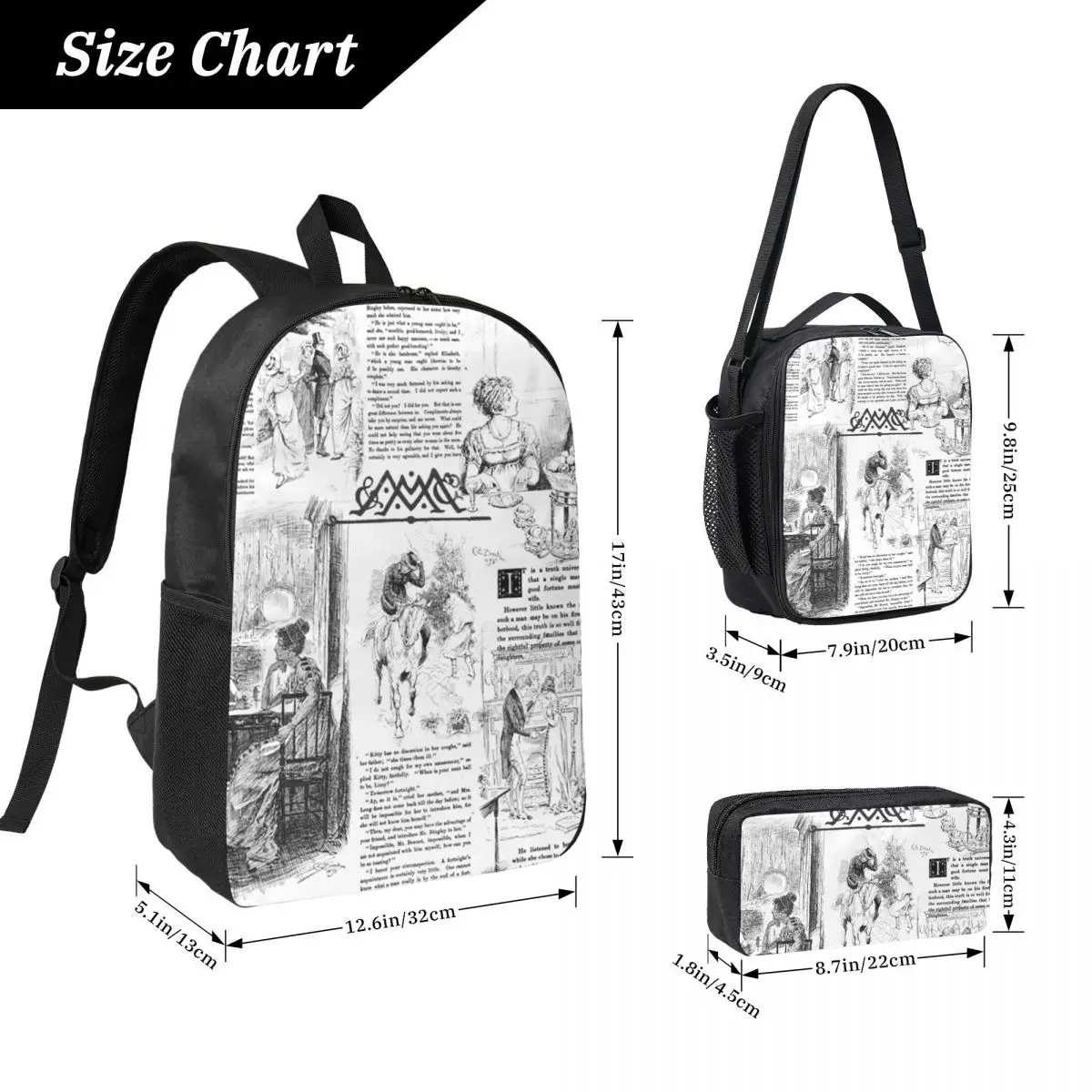 Pride And Prejudice - Pages Backpack Boys Girls BookBag School Bag Computer Shoulder Bags 3ps Insulated Lunch Bag Pencil Case