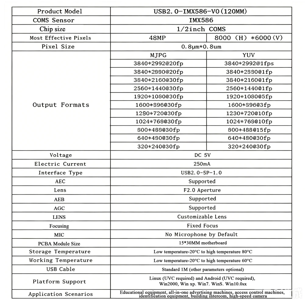 IMX586 USB Industrial Camera Module 4K HD 30fps 120MM MIPI to USB Interface 78 120 Degrees No Distortion for External Computer