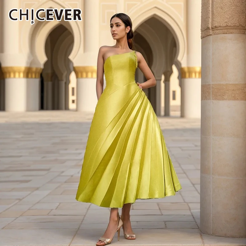 

CHICEVER Solid Formal Dresses For Women Diagonal Collar Sleeveless Backless High Waist Spliced Folds A Line Dress Female Summer