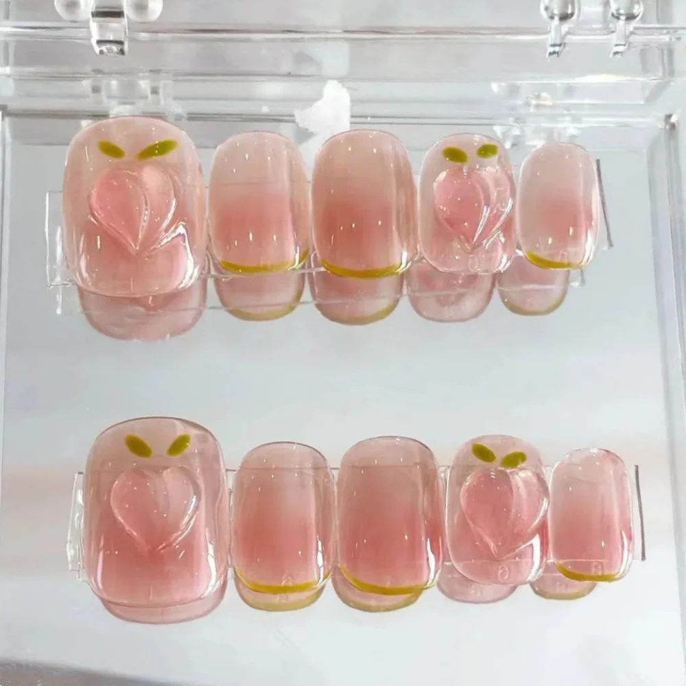 

10pcs Finished Cute Pink False Nails Art Peach Design Short Square Round Handmade Fake Nail Tips Detachable Press on Nails Sets