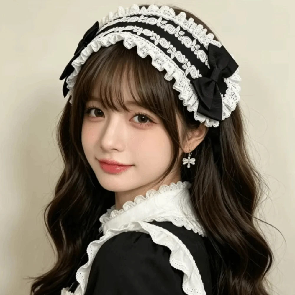 Creative Spicy Girl Lolita Lace Headband Rivet Y2k Cosplay Headdress Ribbon Bow JK Lolita Hair Clip Daily