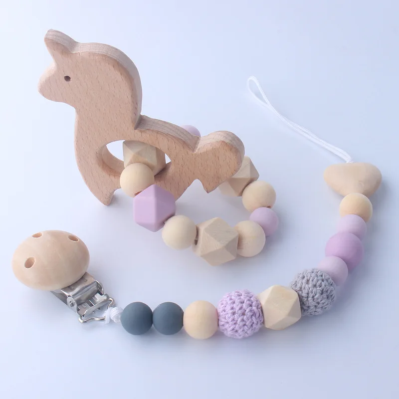 2pcs/set Wooden Horse Pacifier Chain Holder Baby Rattle Toy BPA Free Teething Beads Newborn Gift
