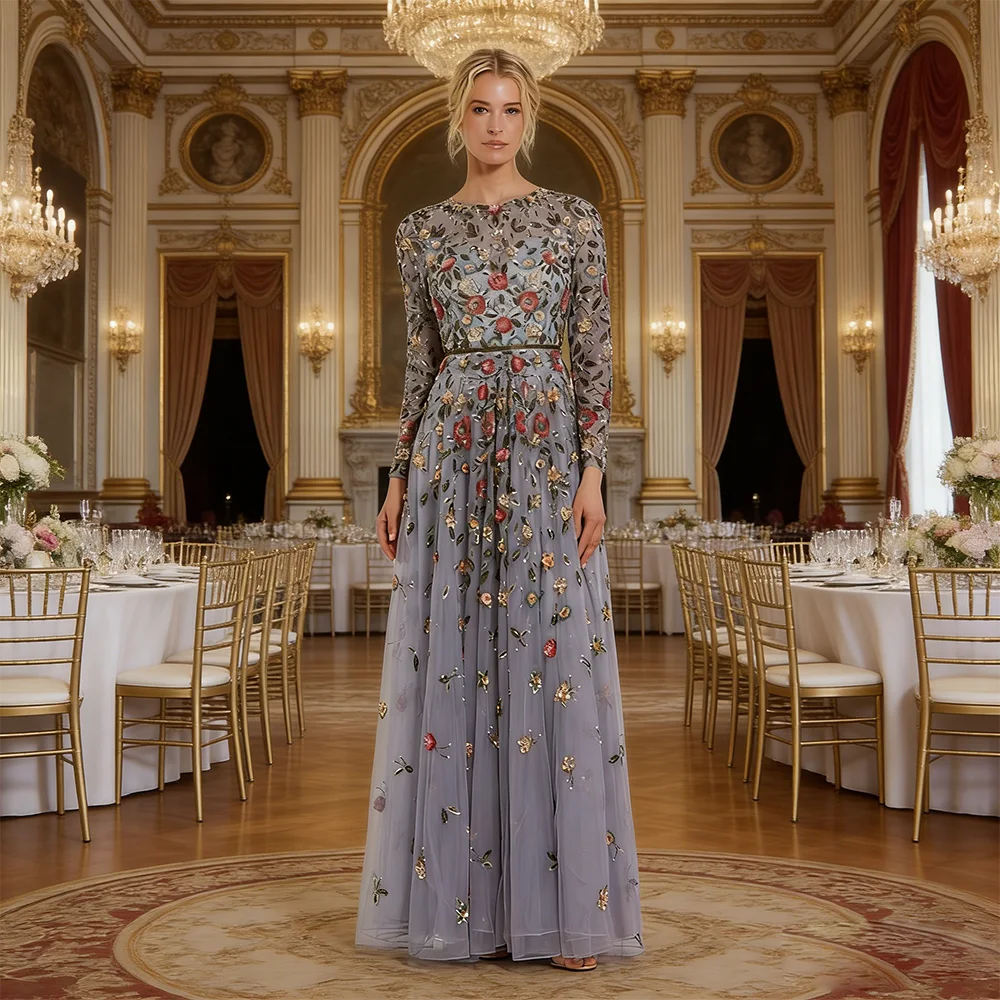 

Customized Chiffon A-line Mother Off The Bride Dresses Women's O-neck Full Sleeve Mother Gowns with Fashion Floral Print