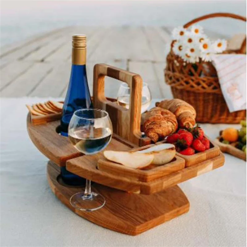 Table de pique-nique pliante en bois avec porte-verre, bureau rond pliable, verre à vin, table pliante T1, escalade de collation pour fête de jardin