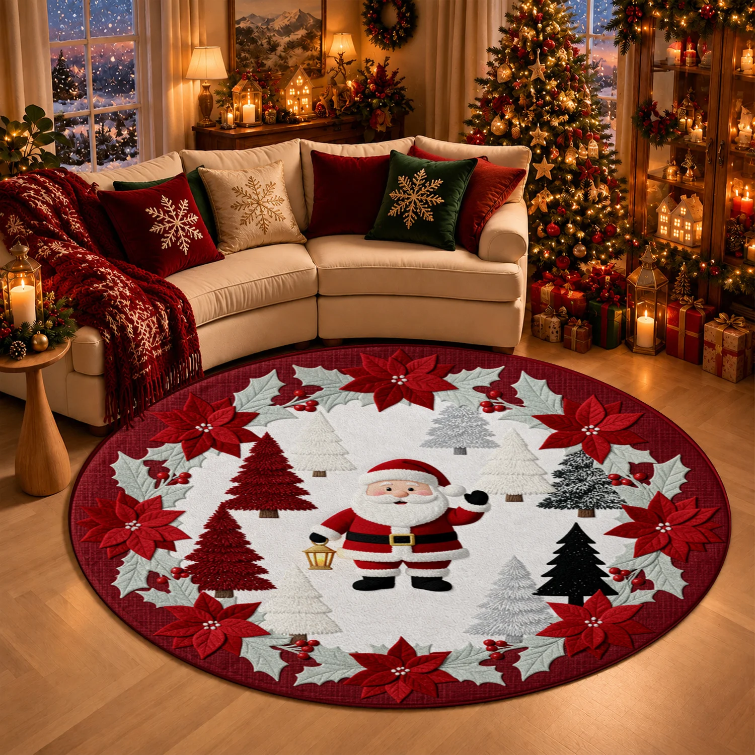 Santa Claus Christmas Tree Poinsettia Holly Pattern Round Velvet Rug Machine Washable for Living Room Dining Room Entryway Christmas Thanksgiving New Year Black Friday Cyber Monday