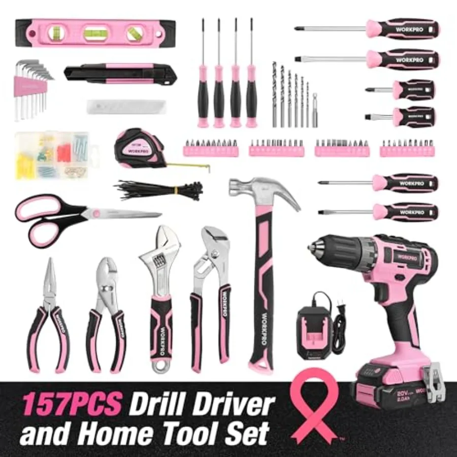 20V Cordless Pink Drill Set for Home DIY Use, ABS Plastic Body with Ergonomic Grip, Vibrant Pink Color, Lightweight and Easy-to