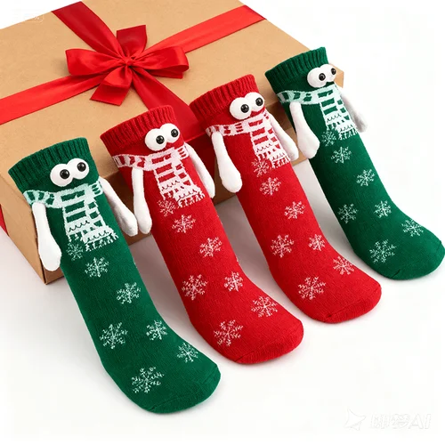 Imagen 2 del producto ¡Calcetines navideños magnéticos en 3D! Ojos de dibujos animados, tela suave. Lavado a mano. Regalo festivo perfecto. ¡Compre ahora!