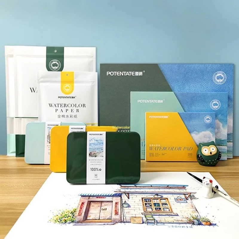 POTENTATE 300g 100% Cotton Watercolor Paper Cold Press Hot Press Sketching Painting 16K 32K Portable Watercolor Paper Postcard