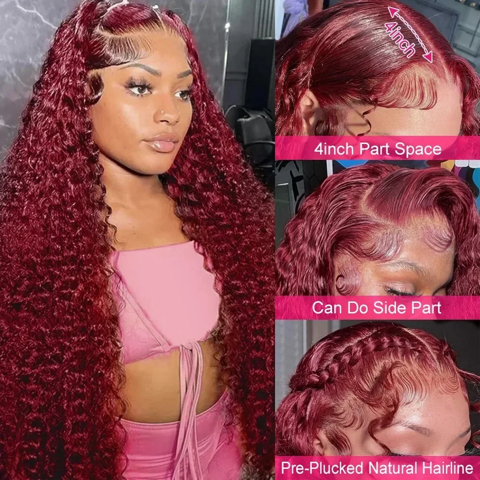 Onda de Água Borgonha Frontal Lace Wig para Mulheres, Perucas Encaracoladas, Renda HD, Cabelo Humano, Vermelho Colorido, Renda Transparente, Onda Profunda, 13x4