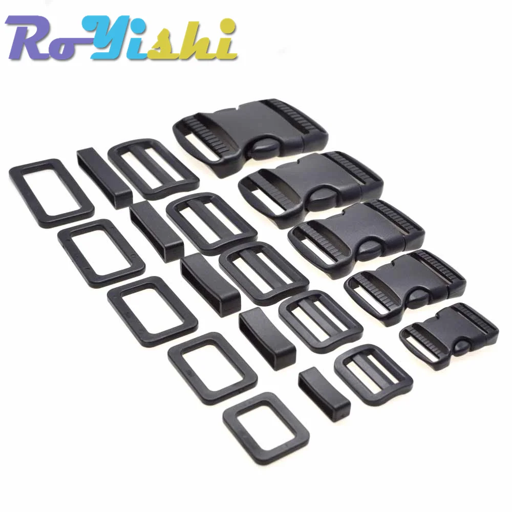 1 Set 20mm 25mm 30mm 38mm 50mm Plastic Slider Adjustable Rectangle Ring Belt Loop Curved Side Release Buckles For Paracord