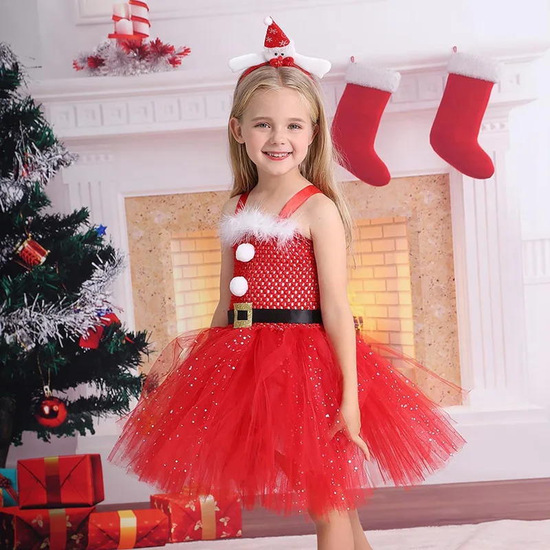 

Kids Christmas Costume Set – Santa Dress + Hairband, Girls Velvet & Tulle Tutu Party Dress, Holiday Performance Outfit 3-12 Y