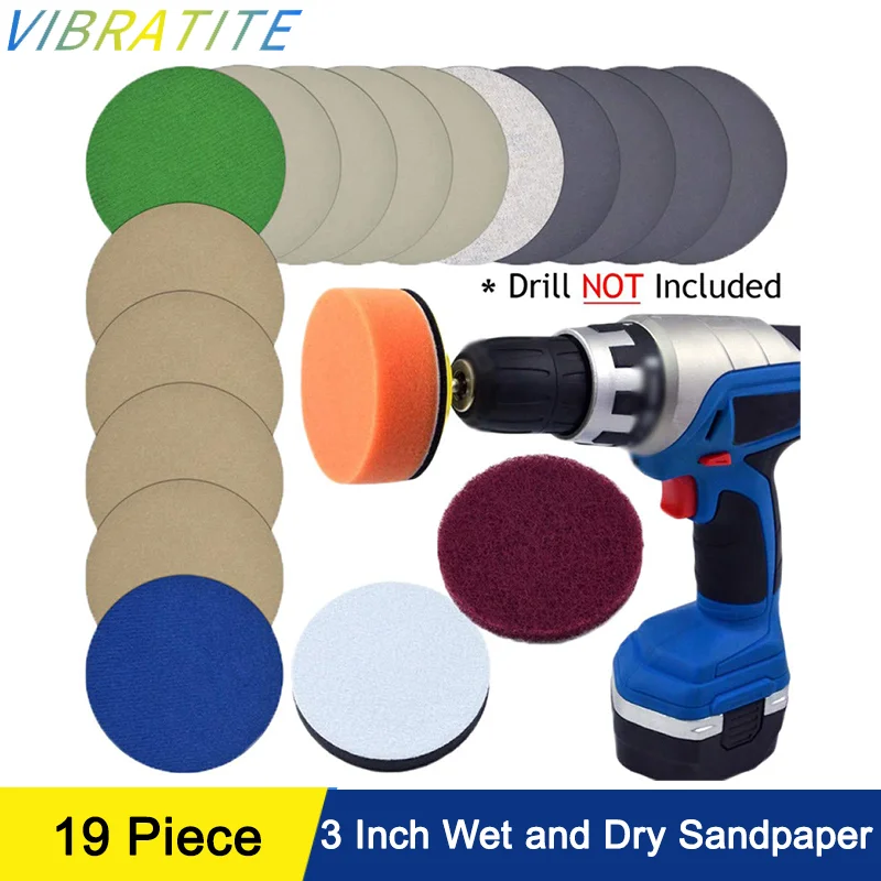 3 Inch Wet and Dry Sandpaper Set 19 Pcs with Sanding Pad Sponge Buffing Pads for Polishing and Sanding Metal Wood Car Body