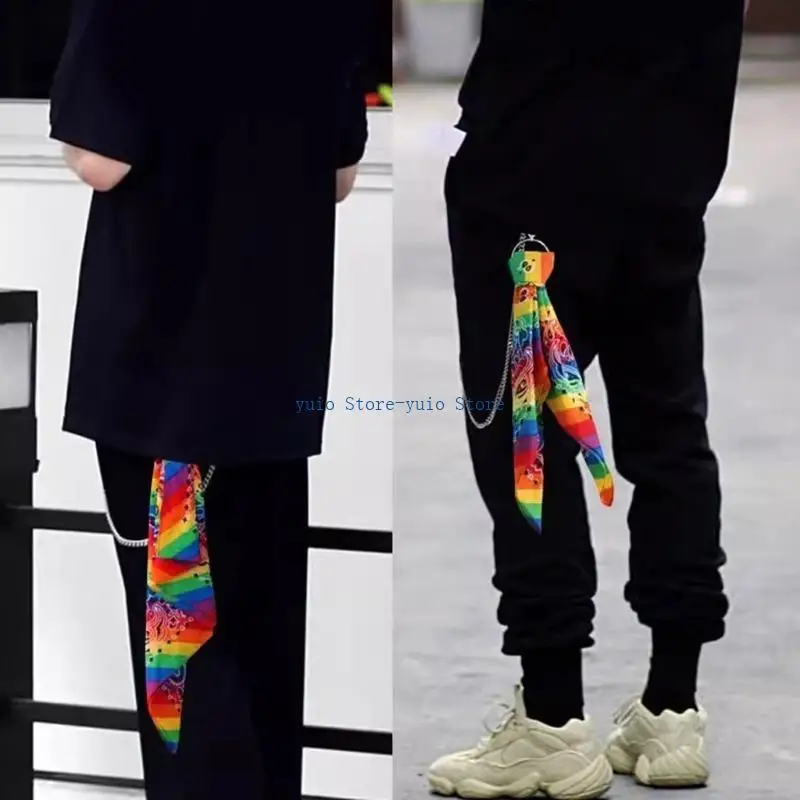 

X7XB Stylish Rainbow Cotton Bandana Pants Chain Rock Punk Kerchief Wallet Chain Charm