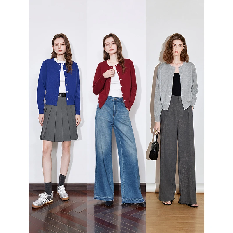 TOYOUTH Women Knitwear 2025 Spring New Contrast Color Round Neck Single Breasted Button Cardigan Sweater Ankola Red