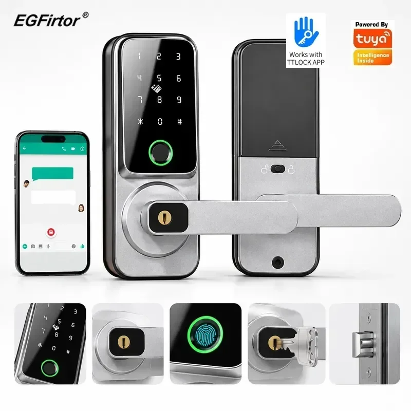 TTLock Bluetooth Deadbolt Lock Fingerprint Password Card Key Smart Lock for Office Rental RoomTuya Wood Finish