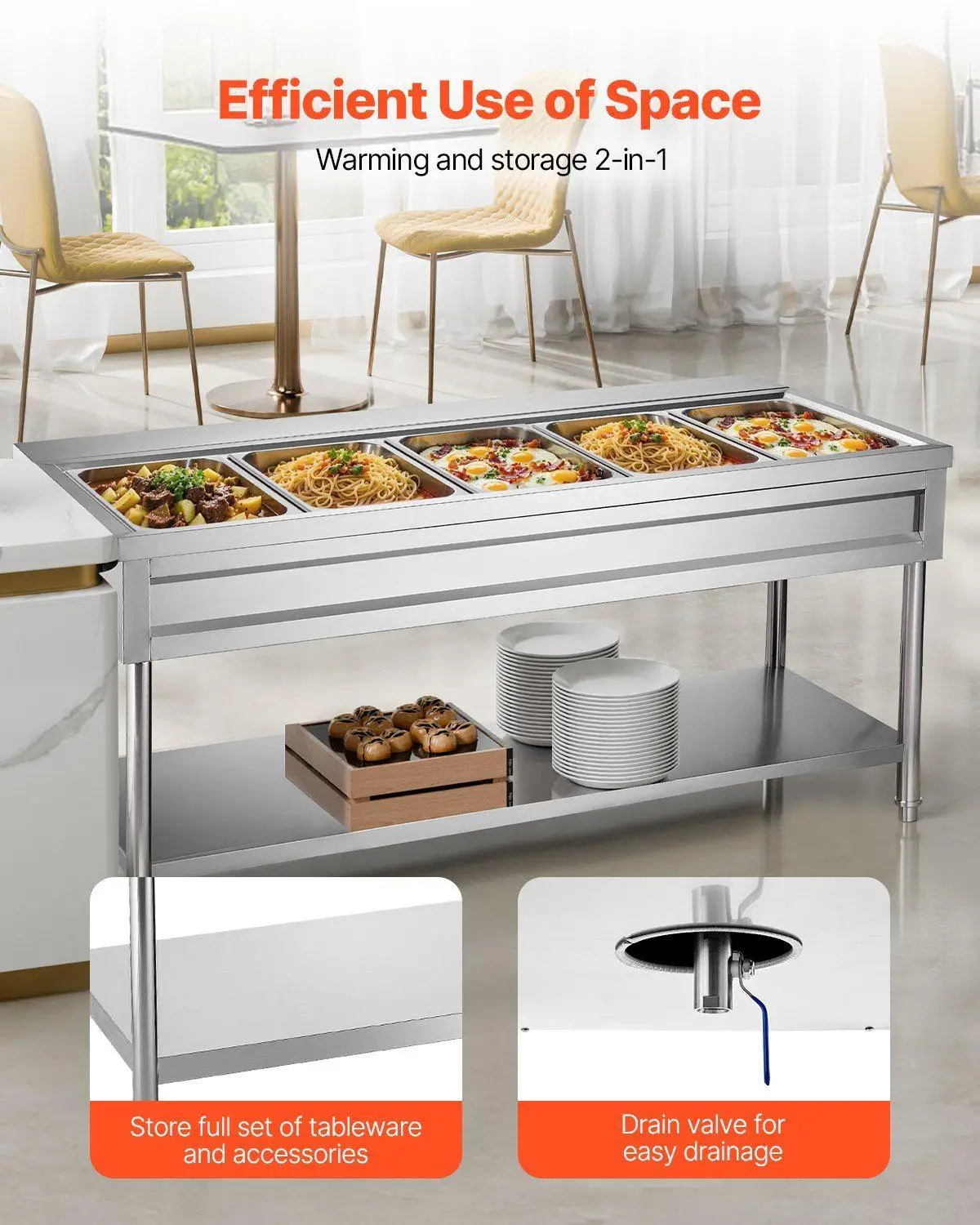 5-Pan Electric Steam Table 86-190°F 304 Stainless Steel Heating Tube Dual Temp Display Adjustable Legs Drain Valve Included
