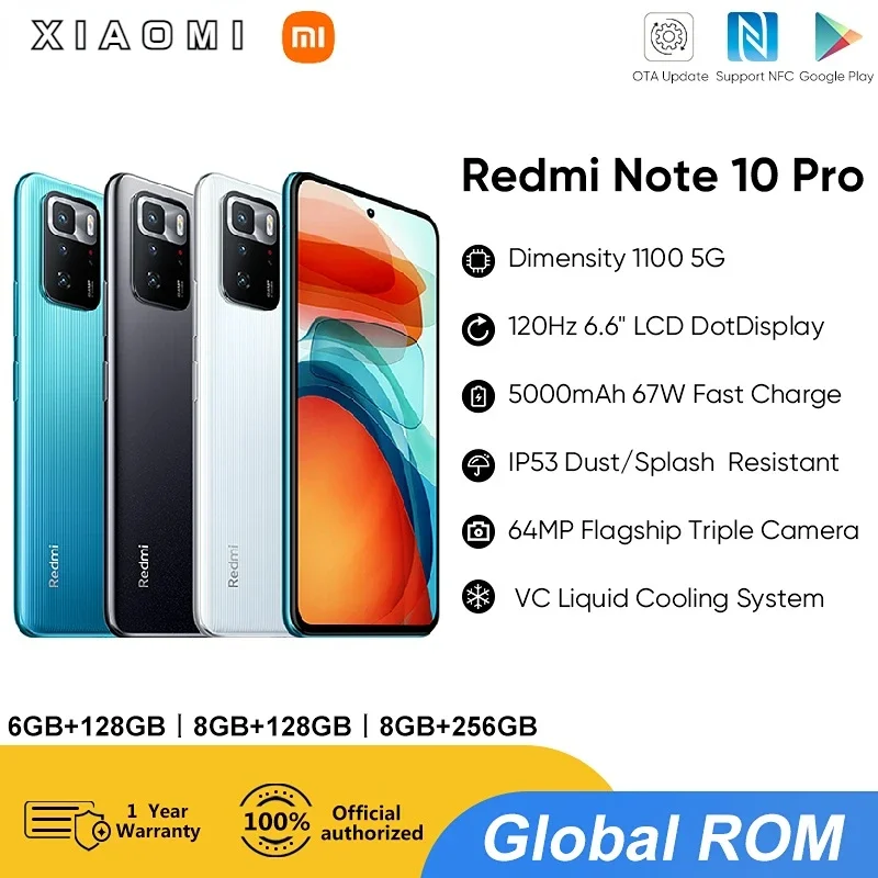 Xiaomi-Redmi Note 10 Proスマートフォン,グローバルROM,1100 GB