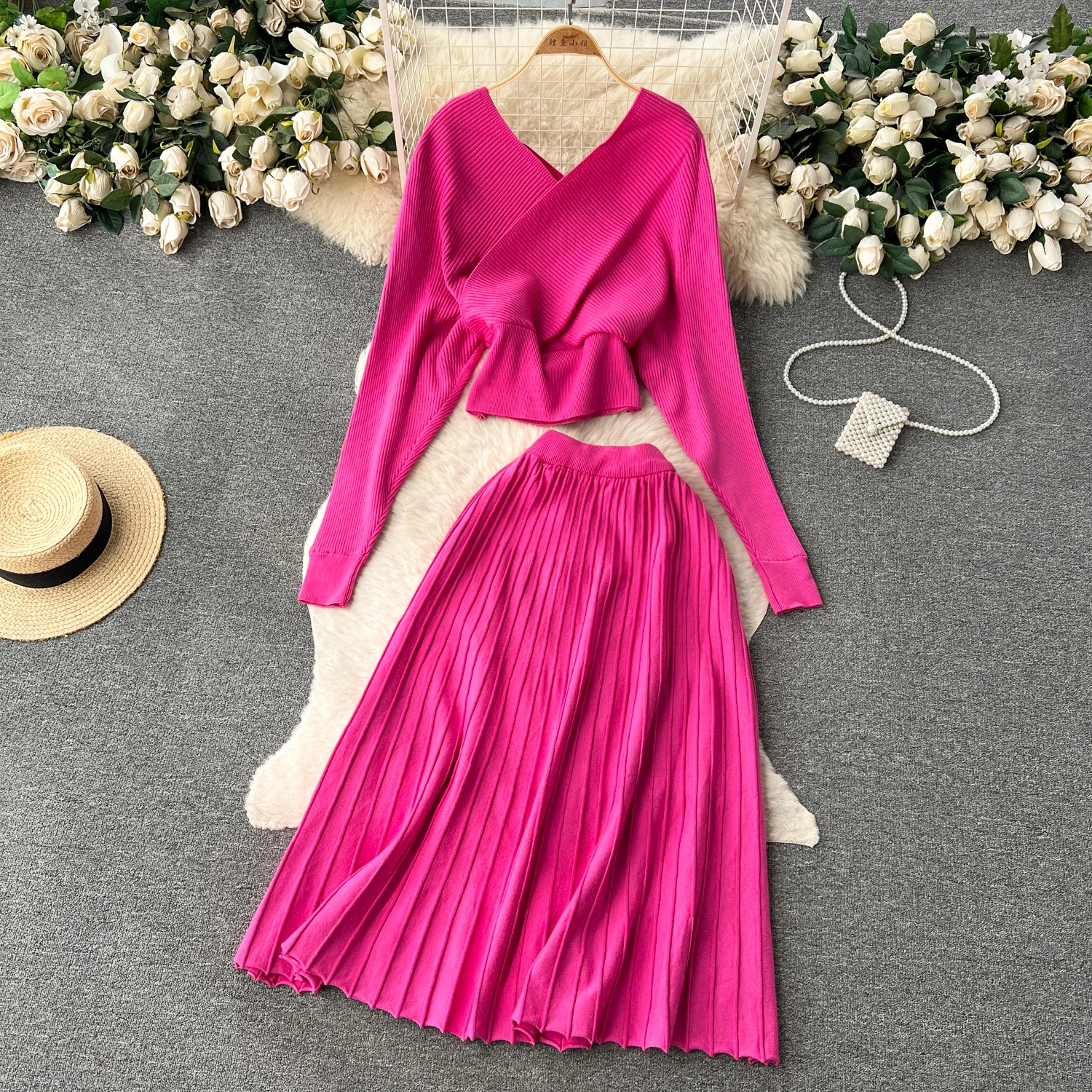 Women Vintage Fashion Knit Two Pieces Skirt Sets Women Slash Neck Long Sleeve Blouse with High Waist A-line Full Skirt