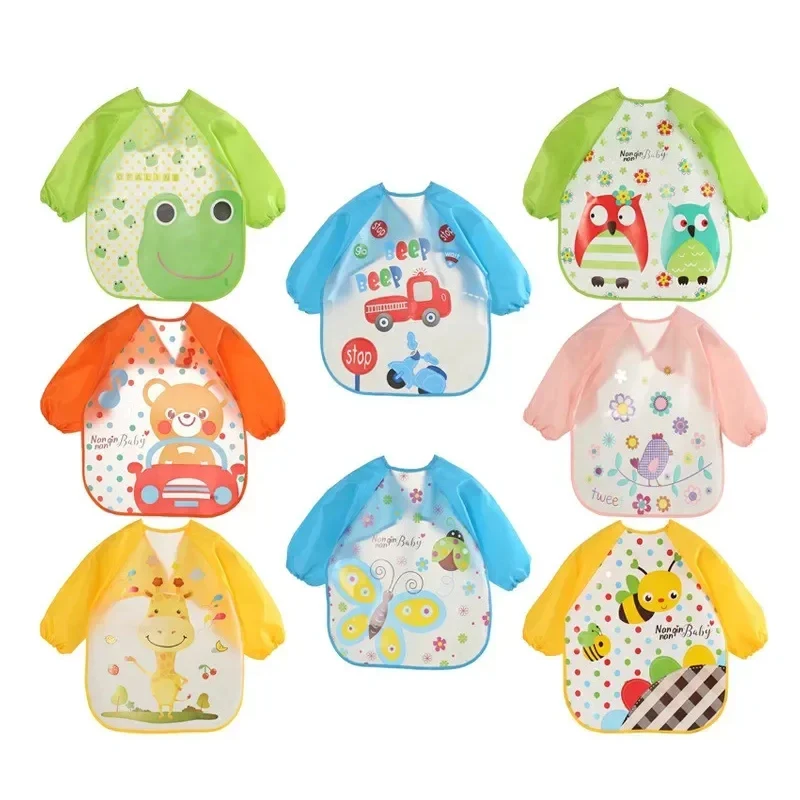 0-3 Years Baby EVA Waterproof Anti-dirty Bib Long Sleeve Strap Coat Dirt Proof Soft Feeding Bib Cute Cartoon Pattern Burp Cloths