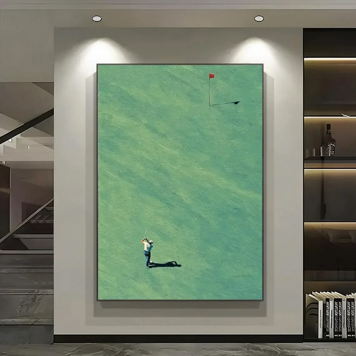 2026Golf Course Green Wall Print Decor - Aerial View  Painting of a Golfer Taking a Swing Near a Red Flag on a Lush, Tex