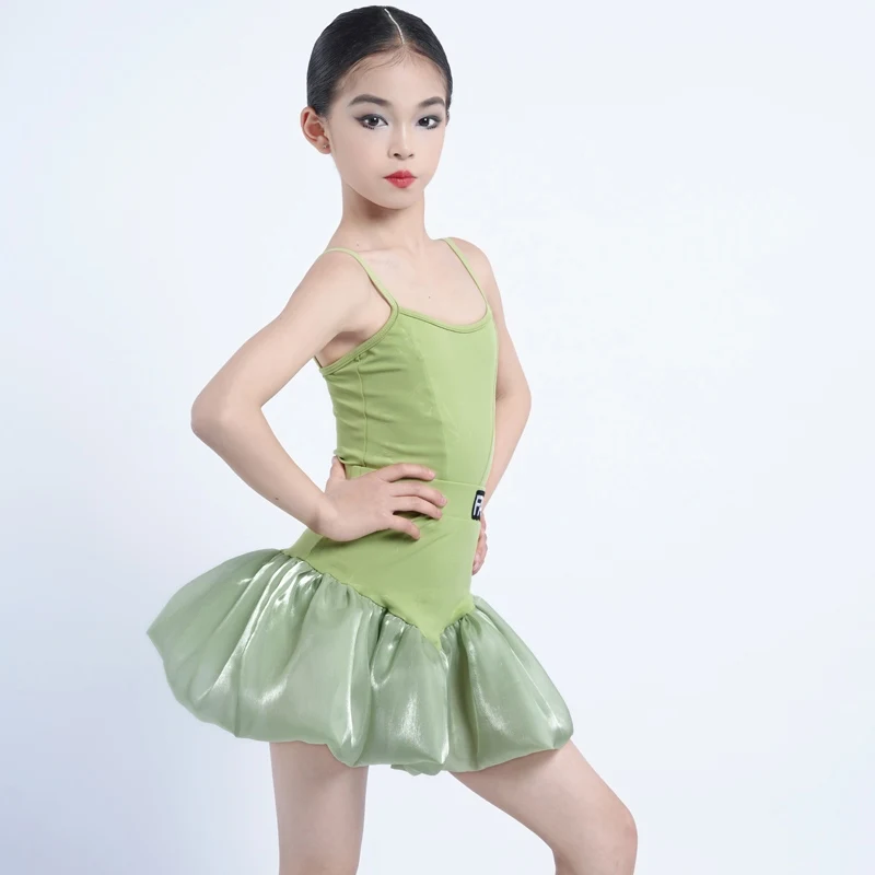 2025 neue Latin Dance Kostüm Mädchen Sommer Grün Tanzen Kleid Body Röcke Set Kinder Rumba Cha Cha Praxis Kleidung AMY 1860