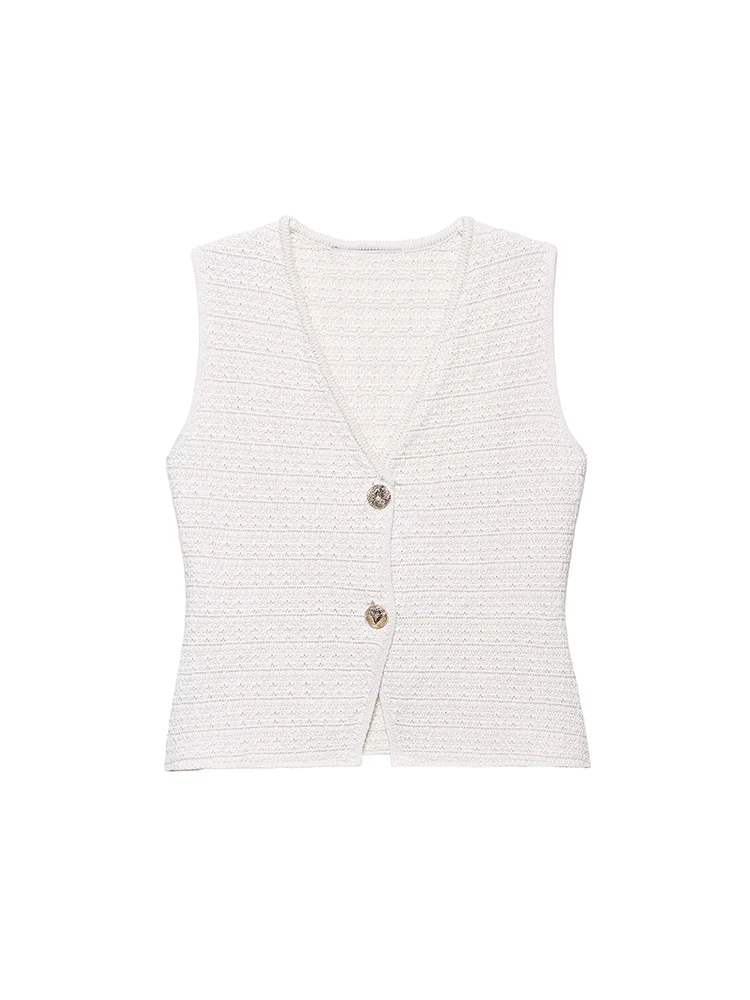 

SIYANG Women Fashion White Single Breasted Knitted Vest Tank Tops Vintage V-Neck Sleeveless Female Chic Lady Top