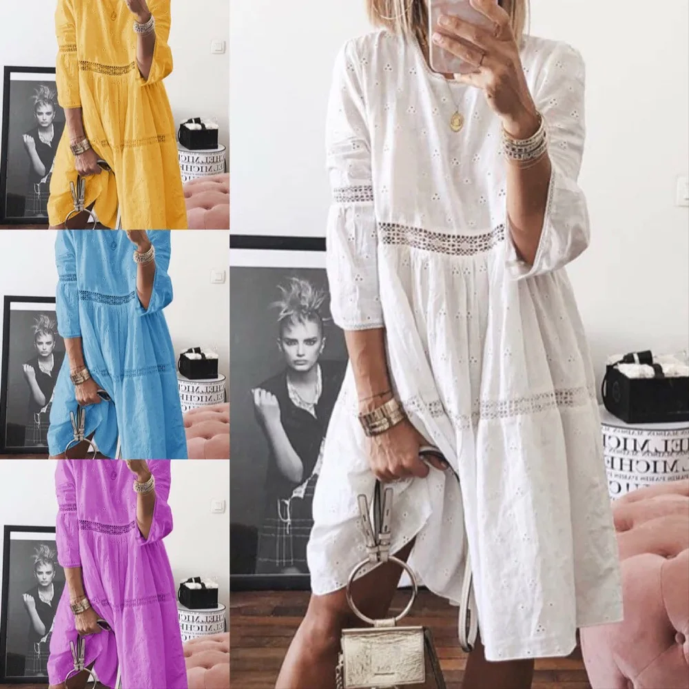 

Hollow Out Ruffle Cotton Linen Dress V Neck Flared Sleeves Loose Irregular Dress New Women Spring Autumn Beach Dresses