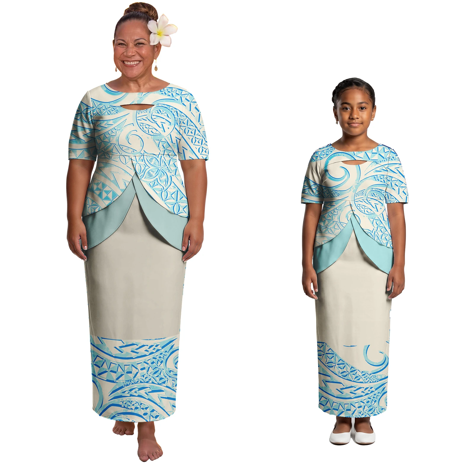 Island Print Clothes Double Layer Slit Top and Skirts 2 Piece Set Girls Dress Women Puletasi Samoan Polynesian Puletasi Custom