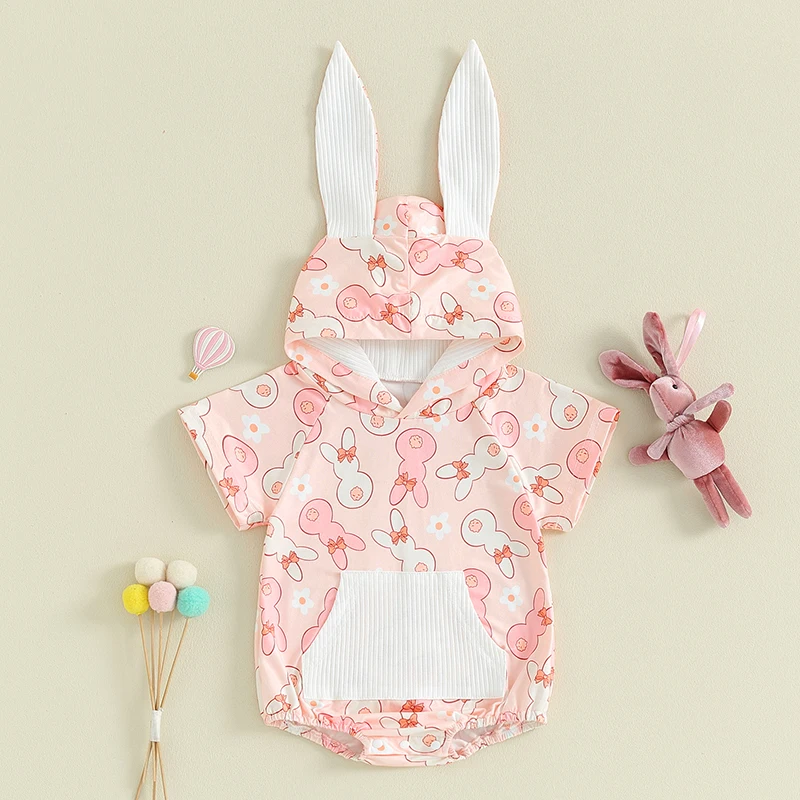 Cute Toddler Easter Bunny Romper with Hood and Pocket Adorable Cartoon Print Short Sleeve Jumpsuit for Summer Outfits