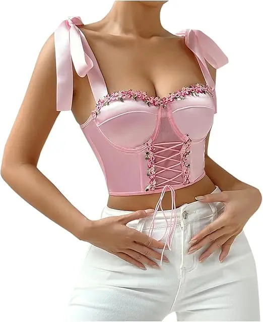 Women's Floral Trim Bustier Crop Top - Lace-Up Underwire Fishbone Hot Girl Suspenders Small Corset Top