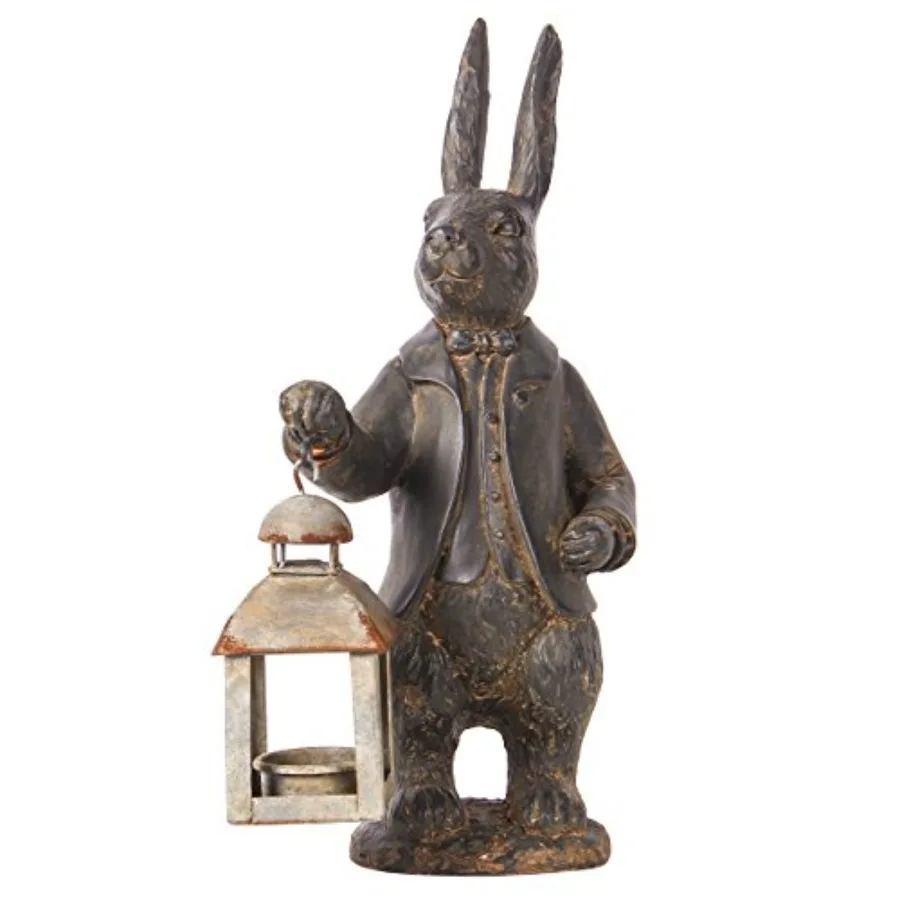 

Easter Bunny Decorations Vintage Resin Bunny Figurine with Lantern Metal Rabbit Tealight Candle Lantern Holder Rabbit Outdoor S