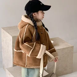 New Autumn and Winter Girls' Fleece Hooded Fur One-Piece and Thickened Fashionable Warm Party Cotton Jacket for 1-10 Years