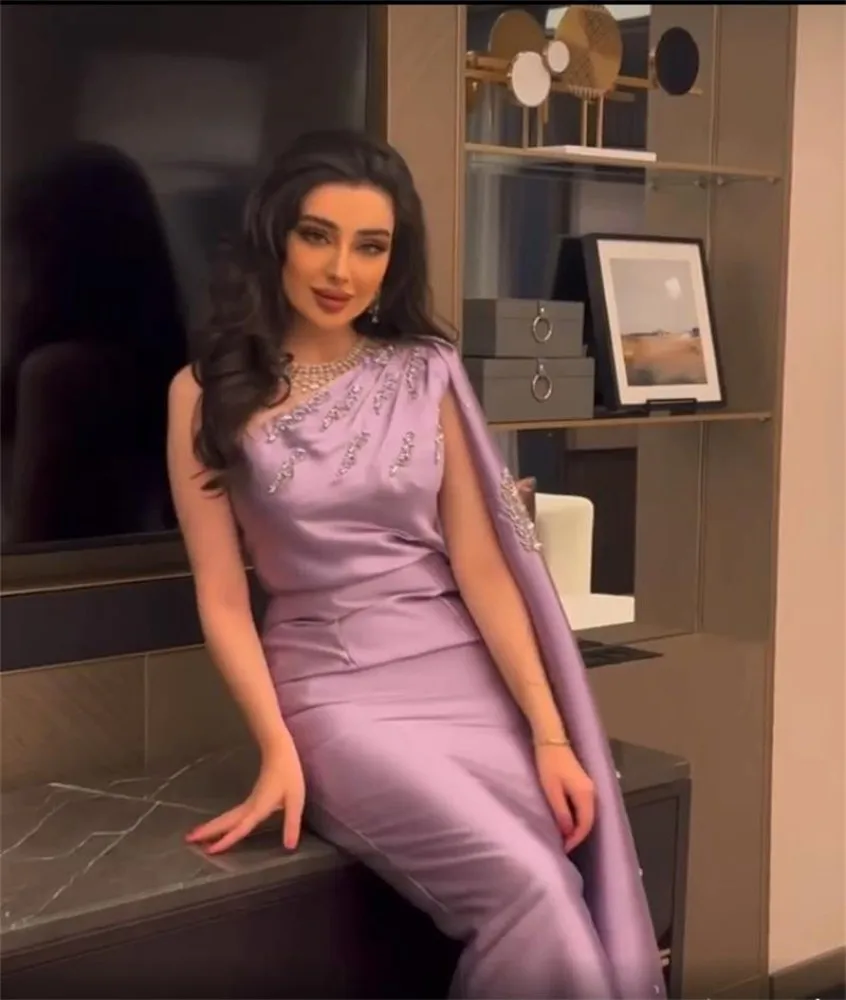 Gaun pesta Dubai manik-manik Satin satu bahu gaun malam wanita Formal Arab Saudi panjang lantai