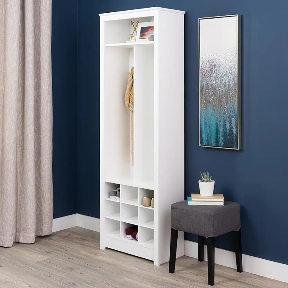 Space-Saving Entryway Organizer, with Shoe Storage, 2 Strong Double Coat Hooks 1 Open Upper Shelf Drifted Gray