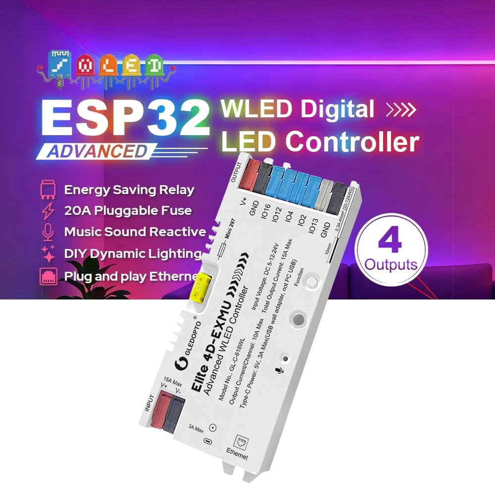 ESP32 WLED LED Controller with 4 Outputs Ethernet Microphone UART Energy Saving Relay 20A Pluggable Fuse for RGBIC LED Strip